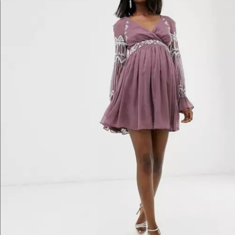 ASOS Maternity Beaded Party Dress Mauve Purple baby shower Small Babydoll 6